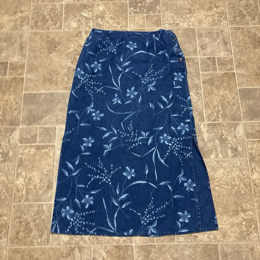 Vintage 90s Long Denim Skirt Medium Dainty Floral Linen Blend Boho Hippie Y2K